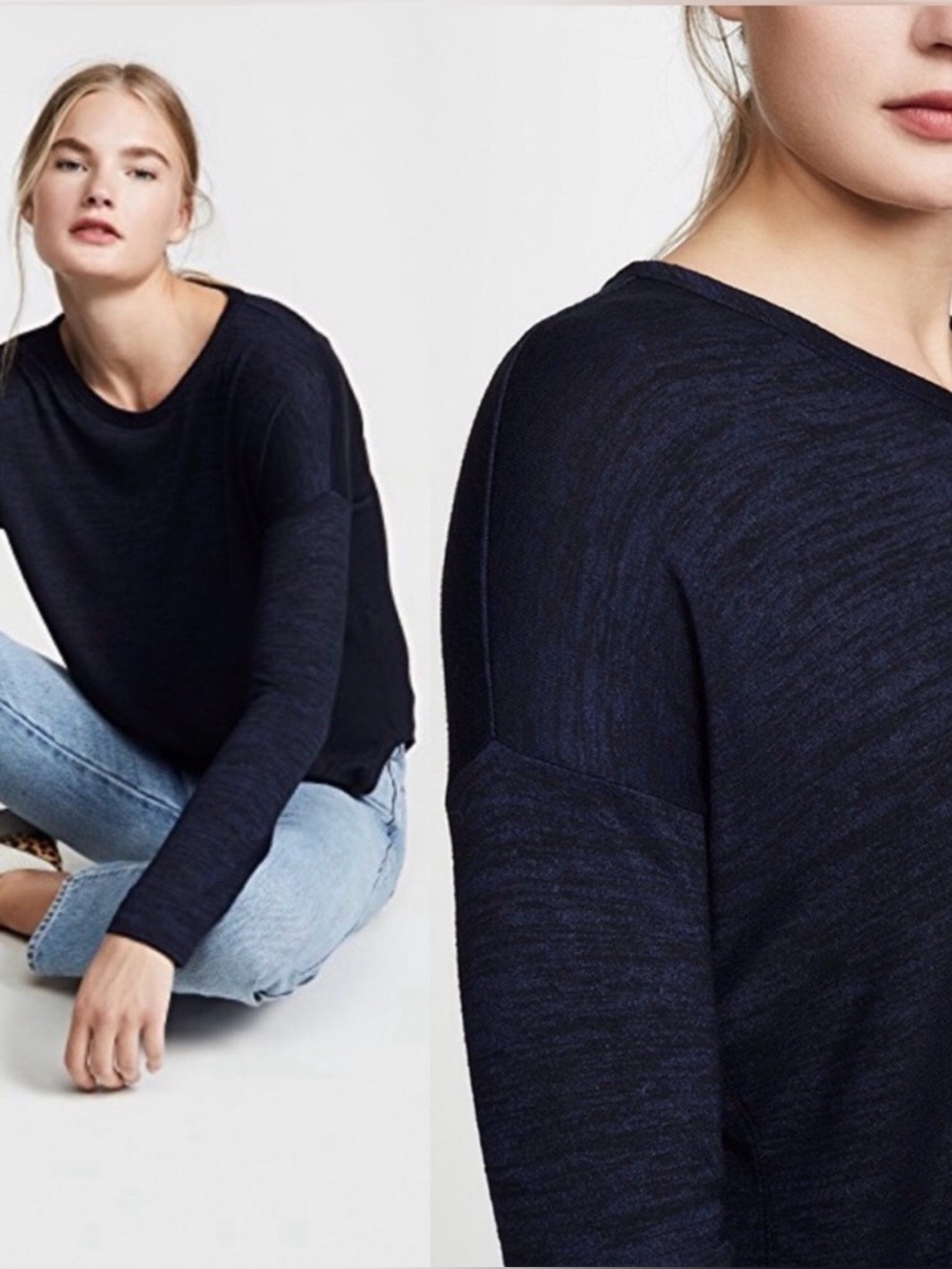 Rag & Bone Hudson Long Sleeve Tee Navy Blue Size M Curved Hem Dropped Shoulder